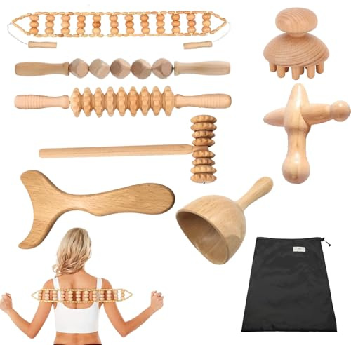 8 Pcs Wood Therapy Massage Tools, Lymphatic Drainage Massager, Wooden Massage Roller, Cellulite Roller, Wooden Massager Kit for Body Shaping, Pain Relief & Cellulite Reduction