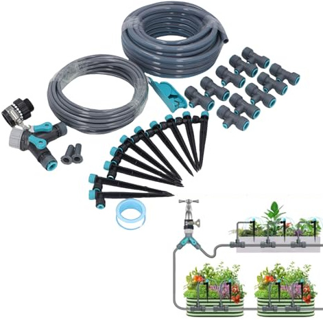Asixxsix Système D'irrigation Goutte à Goutte de 32,8 Pieds, 8 Trous Kit D'irrigation Goutte à Goutte Système D'arrosage Automatique, Kit de Gicleurs Réglables pour la Serre, la Pelouse,