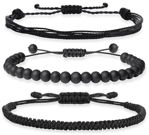 XIANNVXI 3 Pcs Black Onxy Bracelets for Women Men Black Onxy Crystal Braided Woven Adjustable Rope String Bracelets Set for Women Jewellery Set Stack