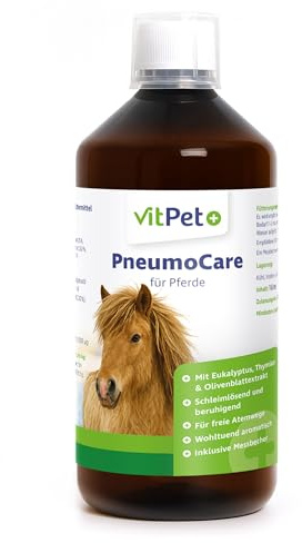 VitPet+ PneumoCare | Hustensaft Pferd | schleimlösend für freie Atemwege | Mit Eukalyptus, Thymian & Olivenblattextrakt – fördert das Abhusten – unterstützt Atemwege, Bronchien & Immunsystem – 1000 ml