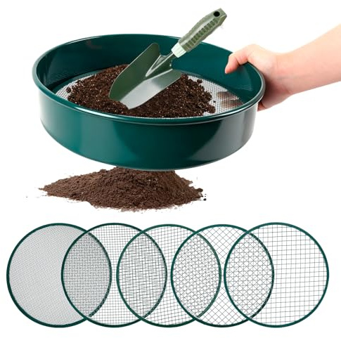 Gotrain Setaccio da giardino in metallo 5 in 1, setaccio per terreno da 3 mm, 5 mm, 8 mm, 10 mm, 12 mm, con pala e guanti, strumento da giardinaggio per setacciare terreno, pietre e compost