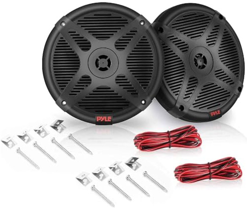 KIT SET PER PYLE PLMRBT65B, 2 altoparlanti marini coassiali a 2 vie, con bluetooth, da 6,5 16,5 cm, 300 watt rms 600 watt max, 4 ohm, impermeabili, neri, a coppia + cavi e viti omaggio