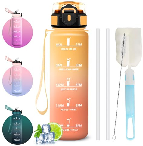 Mujigaga Borraccia 1 litro, Borraccia con Cannuccia, Senza Perdite, Water Bottle Palestra, Facile da Pulire, Bottiglia Motivazionale, Borracce con Chiusura di Sicurezza, per Fitness, Campeggio