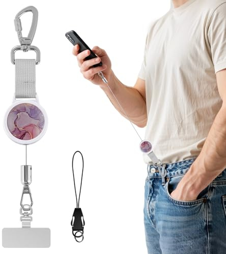 MoKo Anti-Theft Phone Lanyard with Retractable Steel Line | Lockable anti-drop phone strap with 360° tether tab for outdoor activities, White&Cloudy Pink