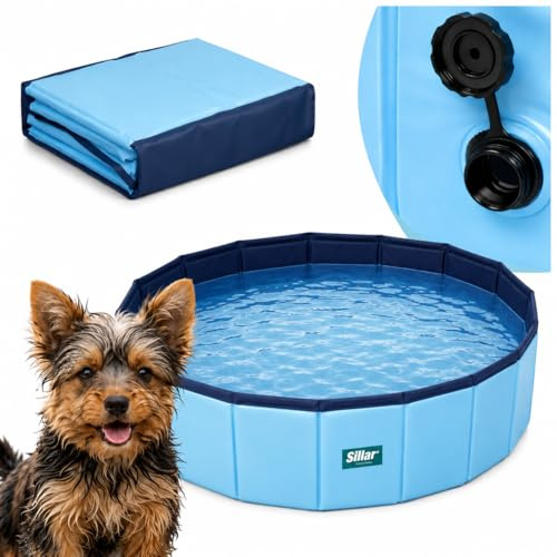 Sillar Hundepool Faltbar für Hunde & Katzen, Planschbecken Hundebadewanne aus PVC, tragbar, mit Anti-Rutsch-Boden & Ablassventil für kleine Hunde, 80x20 cm
