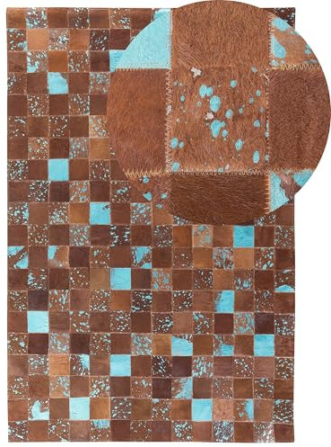 Alfombra de piel de vaca marrón azul 140 x 200 cm fabricado a mano patchwork moderno Aliaga