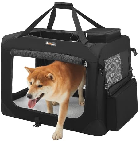 FEANDREA Sac Transport Chat Chien, Caisse Pliable Animaux de Companie, Taille L, Tissu Oxford, Filet, Respirant, Portable, Cadre en Métal, avec Poignées et Pochettes, 70 x 52 x 52 cm, Noir