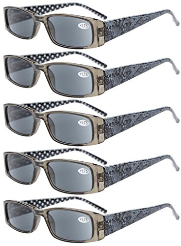 Eyekepper 5 Paia Occhiali da Lettura Aste Reticolo di Fiore per Donne Lettori in Plastica Lenti Grigio per Sole Colore Nero Diottria 1.25