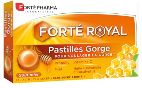 Forté Pharma - Pastilles Gorge Forté Royal - Irritation gorge - Propolis, Huile essentielle Eucalyptus, Miel, Vitamine C - Sans sucre ajouté, à laisser fondre, goût Miel - 24 pastilles, 1 à 3/jour