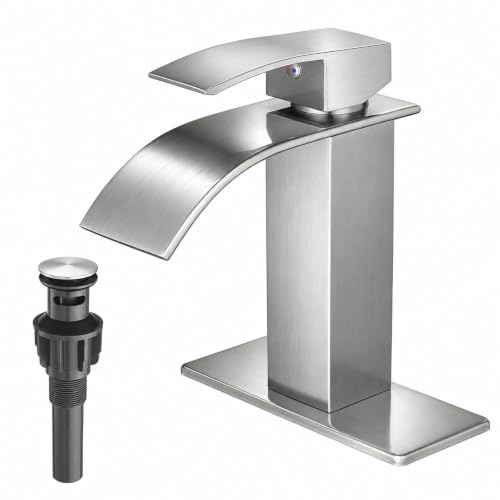 VOTON Bathroom Faucets Brushed Nickel Waterfall Bathroom Sink Faucet Modern Single Handle Bathroom Faucet for 1 or 3 Holes with Deck Plate