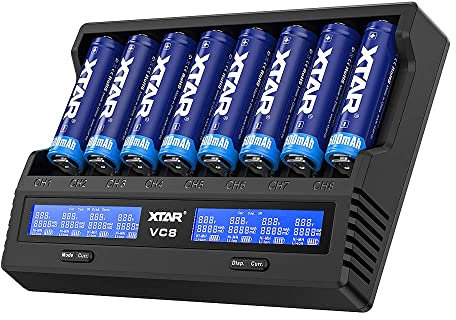 XTAR VC8 3A USB Fast Charger 8 bays Battery Charger 21700 Battery Charger for Rechargeable IMR Batteries10440 16340 18650 26650 AAA AA C 5 Optional Currents Charge 8X21700 Simultaneously