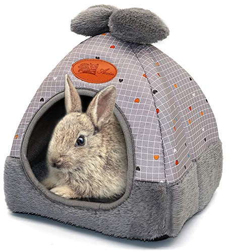 YUEPET Bunny Bed Warm Guinea Pig Cave Beds Cute Bowknot House Big Hideouts Cage Accessorie for Dwarf Rabbits Hamster Bunny Ferrets Rats Hedgehogs Chinchilla (Grey Grid)