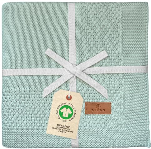 DIKOS® Manta para bebé de 100% algodón orgánico Gots | Suave Manta para recién Nacidos para bebé niña/niño | Manta de Punto para Todo el año | Equipamiento Inicial para recién (Menta)
