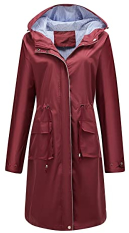 YUNCLOS Femme Manteau Imperméable Elégant Coupe-Vent à Capuche Long Veste de Pluie Slim Fit Couleur Unie,Rouge,L