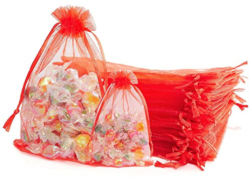 Rot Organzasäckchen 7x9cm, Klein Organza Beutel Geschenkbeutel Organzabeutel Bonbonsbeutel Schmuckbeutel Netzbeutel mit Kordelzug für Hochzeit, Geburtstag, Weihnachten, Erntedankfest (50 Stück)