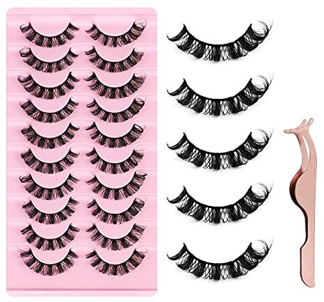 Lot de 10 paires de faux cils naturels artificiels faux cils avec clip pour cils D Curl Russian Strip Lashes Wispy Fluffy Lashes pour maquillage des yeux (A)