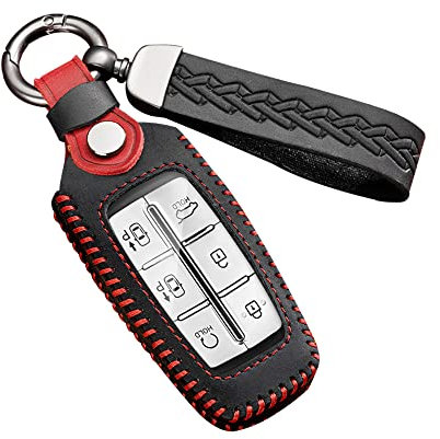 ontto Autoschlüssel Hülle Cover Passt für Hyundai Genesis G80 GV70 GV80 2020 2021 2022 Leder Schlüsselbox Schlüsselhülle Schlüsselanhänger Schlüssel Schutz 4 6 8 Tasten Keyless Schlüsseletui Schwarz