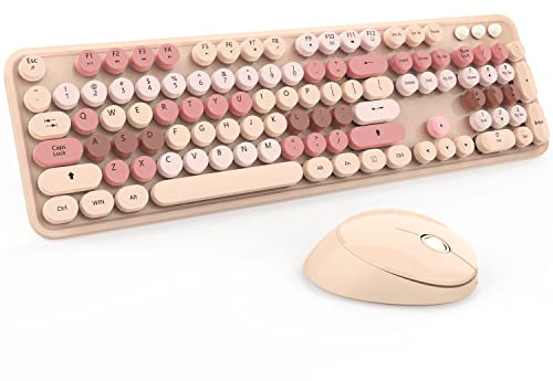 Wireless Keyboard and Mouse, KOOTOP Cute Keyboard and Mouse, 2.4G Wireless Keyboard with Retro Round Keycap for PC, Mac, Laptop,Computer Windows (Milk Tea)