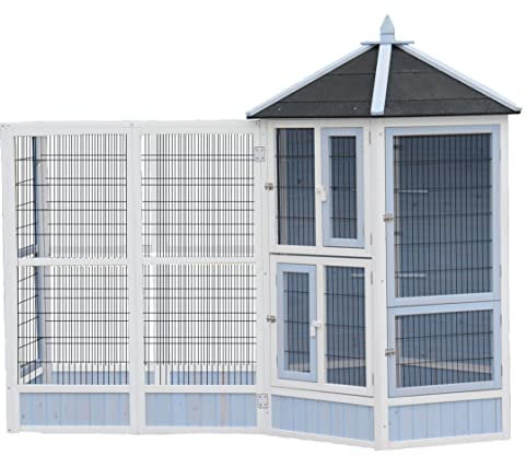 Dehner Vogelvolieren-Set Santorini, mit Freigehege, 132 x 236,4 x 180 cm, Holz/Metall/Bitumen, weiß/blau