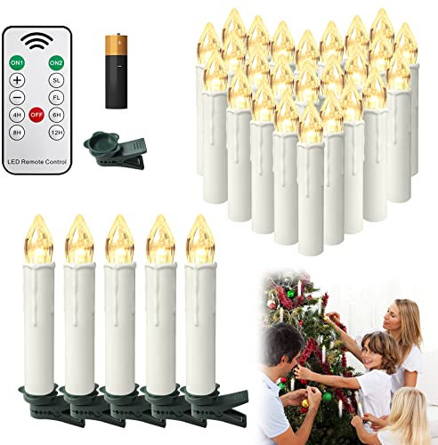 Aufun 40 Stück LED Weihnachtskerze Kabellos Warmweiß mit Batterien, Fernbedienung, Timer Flackern Dimmbar, Christbaumkerzen als Dekoration für Weihnachten, Weihnachtsbaum, Party