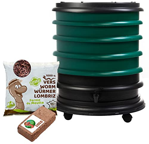 WORMbox | Wormery Worm Farm composter 4 Dark green Trays + 500gr of Compost Worms / 1000 ctn + 1 Coco | 64 liters | Organic Waste Compost, make your Worm Castings