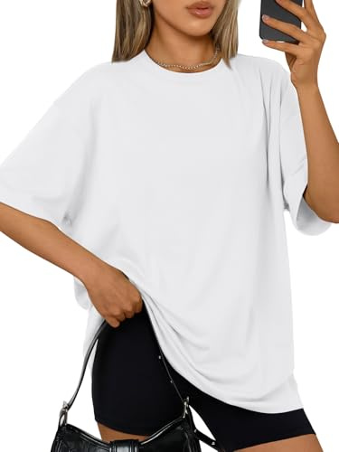 Trendy Queen Womens Oversized Sleep T Shirts Plus Size Capsule Wardrobe Tops Short Sleeves Fashion Workout Clothes 2026 White M