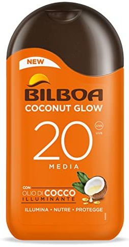 Bilboa, Latte Solare Coconut Glow SPF 20, Crema Solare con Olio di Cocco e Vitamina E, Leggera sulla Pelle, Protezione Solare Resistente all'Acqua, 200 ml