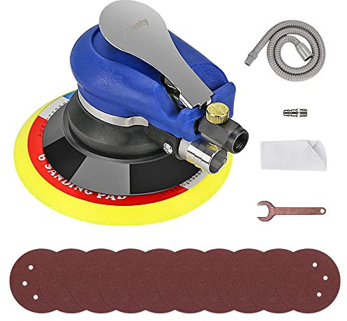 Air Random Orbital Sander 6 150mm Dual Action Pneumatic Palm Sander, Air Orbit Polisher with Dust Collection Hose & Bag and Sandpapers for Sanding Wood Metal, Auto Body Repair Work etc