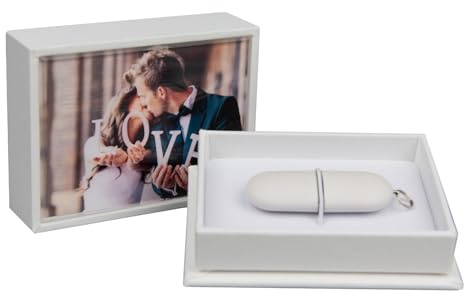 Elegantdisk USB Aufbewahrungs Box personalisierbar. USB-Stick Geschenkbox zur Hochzeit und andere besondere Anlässe. Erinnerungsbox mit Bildfenster und Gummihalterung für Flash Drive. (Weiss)