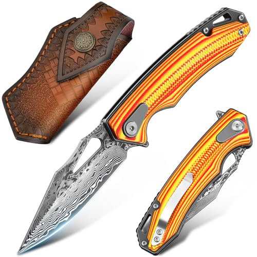 Taschenmesser Klappmesser aus VG10 Damast scharf echt Einhandmesser Outdoor Messer Survival Roseholzgriff mit Leder Holster Damastmesser für Wandern Bushcraft Camping Geschenke für Männer