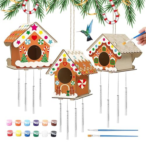 Meindin Unlackiertes Vogelhaus aus – Vogelnest Windspiele, unlackierte Vogelhäuser zum Basteln, Bastelhaus mit 12 Farben, 2 Pinseln, 2 Schnur, 3 Liebesholzspänen