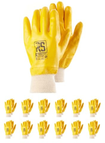 RS TOPAS VOLL/Nitrilhandschuhe mit Baumwolleinsatz/Arbeitshandschuhe aus Nitril/Schützender Nitrilbeschichtet/Größe 09, 12 Paar/Gelb Weiß/Montagehandschuhe/system R-HyTrix