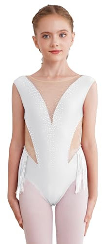 Alvivi Mädchen Turnanzug Glitzer Eiskunstlauf Body Fransen Gymnastikanzug Ärmellos Ballettanzug Trikotanzug Gymnastik Leotard Wettbewerb Tanzkostüm A Weiß 146-152
