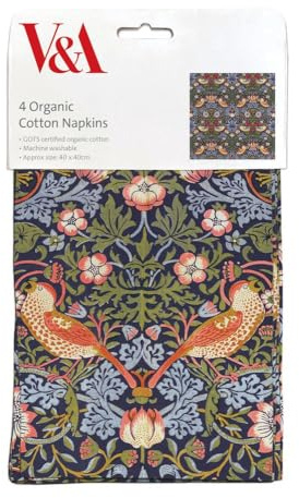 Tygservetter – set med 4 – ekologisk bomull – jordgubbtjuv av William Morris – konstnärlig V&A design – återanvändbar servis