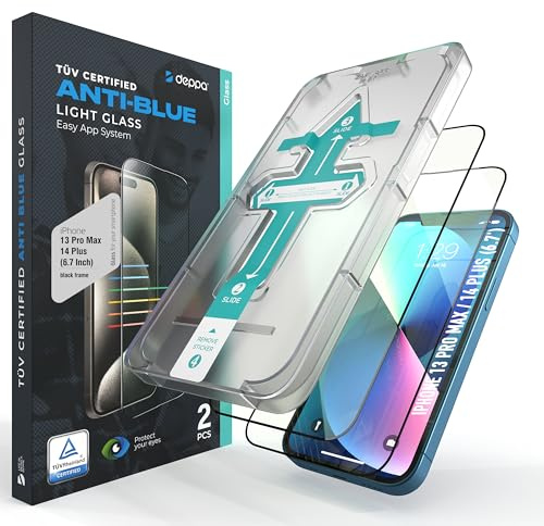 Deppa |2 Stück| für iPhone 14 Plus/13 Pro Max (6.7') Augenschutz Zertifizierter Blaulichtfilter mit Schablone | Stoßfest | Vollständige Abdeckung | Blasenfreie