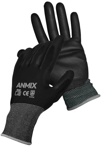 ANMIX 10 Paar Arbeitshandschuhe, atmungsaktiv, Schutzhandschuh, Herren Arbeitshandschuhe mit rutschfester PU-Beschihtung, Mechaniker-Handschuhe mit optimalem Grip, Gartenhandschuhe Damen