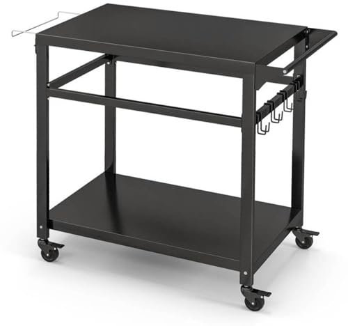 SPOTRAVEL Outdoor Grill Dining Cart, Movable Pizza Oven Table BBQ Trolley with 4 Lockable Wheels, 4 Hooks, Garbage Bag Rack & Side Handle, 2-Tier Metal Serving Cart Food Prep Table for Garden Patio