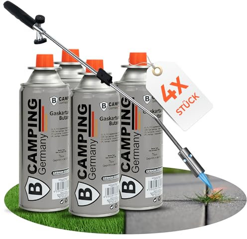STAHLMANN®Unkrautvernichter inkl. Gaskartuschen - stabiler Unkrautbrenner mit Piezozündung stufenlos regulierbar – Unkrautentferner Gerät mit ergonomischen Griff (4 Kartuschen)