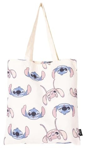 CARTOON Borsa in tela, Tote Bag, borsa shopper in tessuto, riutilizzabile, multifunzione (Stitch e Angel)