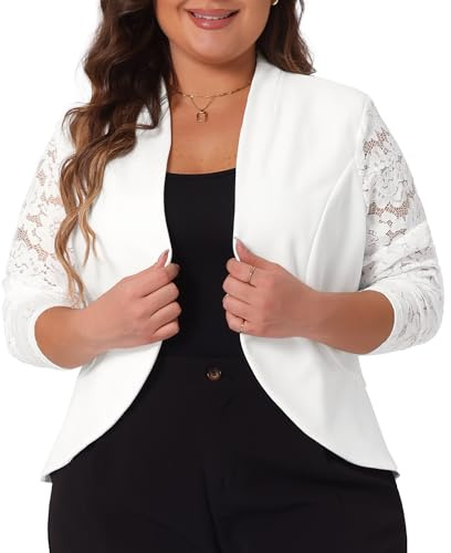 Agnes Orinda Plus Size Blazer Cardigan for Women Long Sleeve Lace Open Front Cropped Shrug Bolero Cardigans Jacket, White, 4X