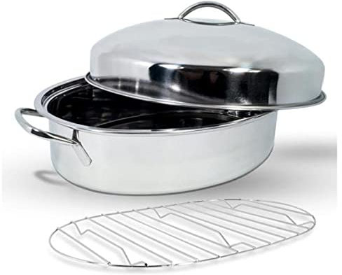 CTCOIJRN High Dome Chicken Roaster Stainless Steel Oval Roasting Pan with Lid and Rack Large Covered Turkey Roasting Pan, 3 Sizes, Silver(Extra large)