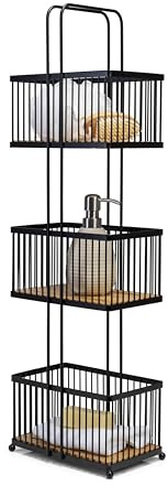 Croydex tre nivåer förvaringsställ – svart och bambu, fristående badrumsförvaringshyllor, djupa korgar, 22D x 15 B x 726 H cm, snygg svart badrumstillbehörslösning