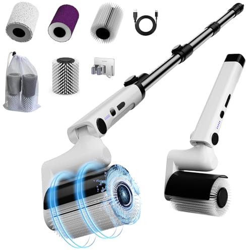 Tiwiche Roller Electric Spin Scrubber - 2-Speed Waterproof Cordless Power Cleaning Brush, 4 Multi-Purpose Brush Heads & Telescopic Pole for Deep Floor, Bathroom, Furniture, Glass & Car Cleaning