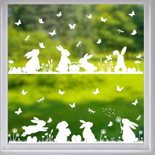 Fensterbilder Ostern Deko, 6 Blätter weiße Fenstersticker Ostern Selbstklebend mit Hasen Schmetterling Pusteblumen, Wiederverwendbar Osterdeko Fenster für Kinderzimmer