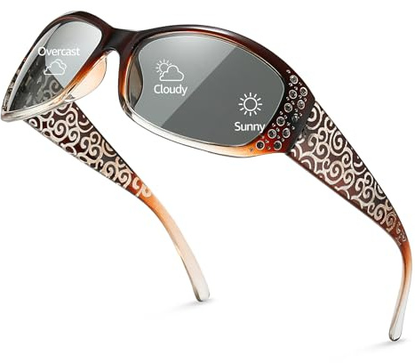 TJUTR Polarisierte Selbsttönende Sonnenbrille für Damen mit UV400 Schutz Adaptive Lens und Strass Dekoration Wellenmuster Bügel für Autofahren, Sport & Alltag