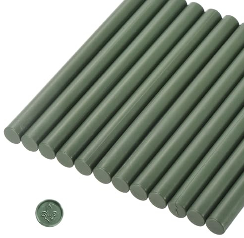 QUARKZMAN 12 Piezas Barras de Cera de Sellado en Cilindro Verde Oliva | Pistola de Pegamento de Cera Adhesiva, para Sello de Cera de Carta, Invitaciones de Boda, Decoración de Embalaje