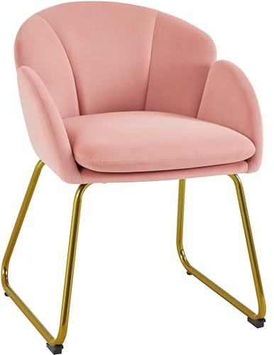 Yaheetech Sessel mit Blütenblatt-Rückenlehne, Ohrensessel modern für Schminktisch, Polstersessel mit Armlehnen, Lehnstuhl mit Metallbeinen Gold, für Wohnzimmer/Schlafzimmer Rosa/Polyester
