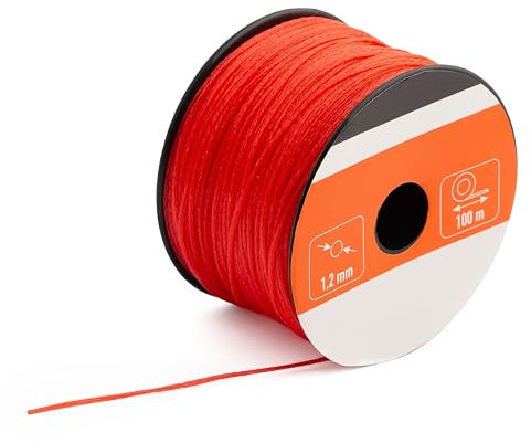 MIVOS Corda per muratura - Corda per muri 100 m, spessore 1,2 mm - Corda di livellamento in rosso - per edilizia - Filo a piombo - Corda per pavimentazione durevole e resistente agli strappi - 210N