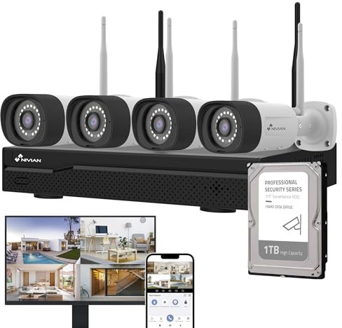 NIVIAN, Kit Caméras de Surveillance WiFi 2K Professionnel avec 4 Caméras IP, NVR 10 Canaux, Images Super HD, Détection Humaine IA, Vision Nocturne, Audio, HDMI, App EseeCloud, Enregistrement HDD