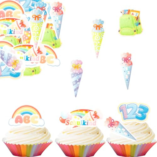 Gleevio Tortendeko Einschulung Essbar,48 Stk Cupcake Topper Einschulung | Essbare Schulkind Tortendeko,Kuchendeko Schulanfang,Esspapier Schulkind ABC Zuckertüte Kuchen Deko Essbar für Junge Mädchen